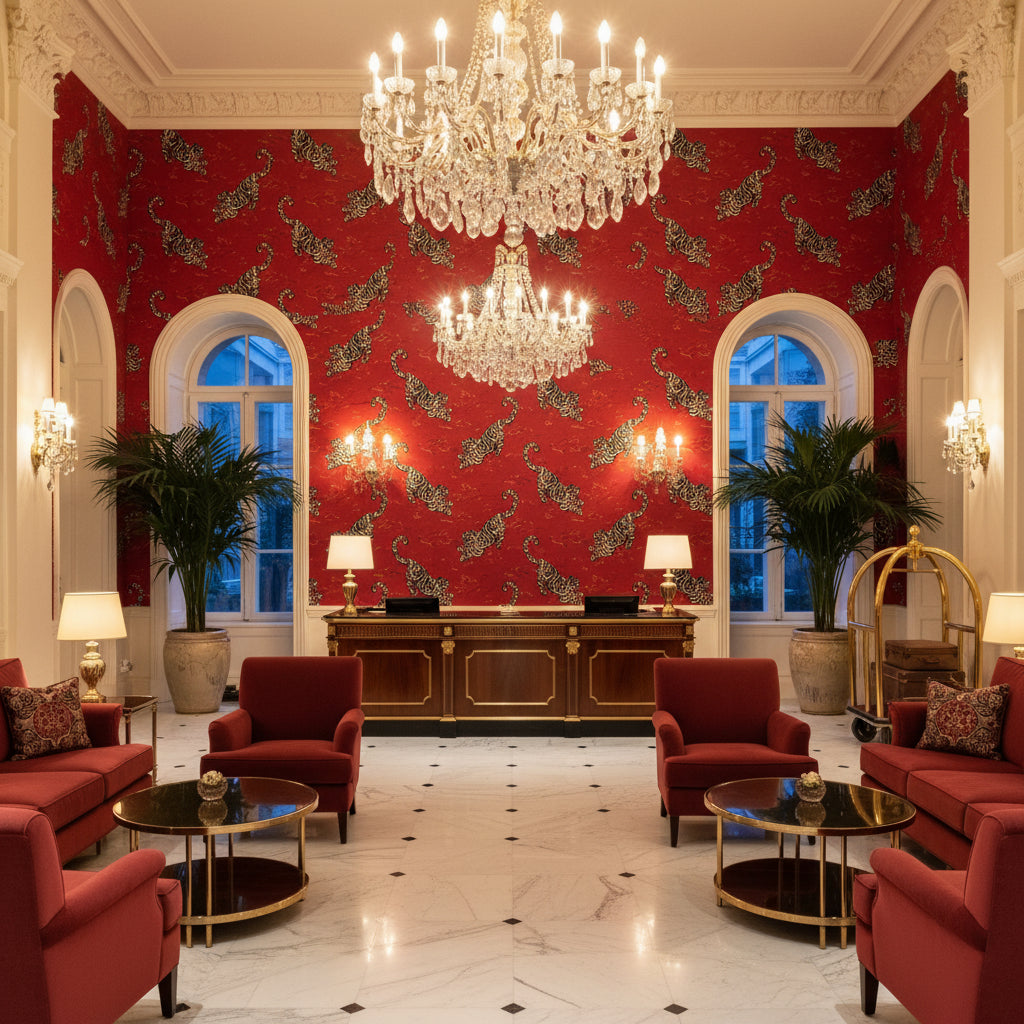 Bongol Velvet Crimson | Kravet - Hotel Lobby Visualization (AI-generated, may not be to scale. Verify pattern scale with product specifications.)