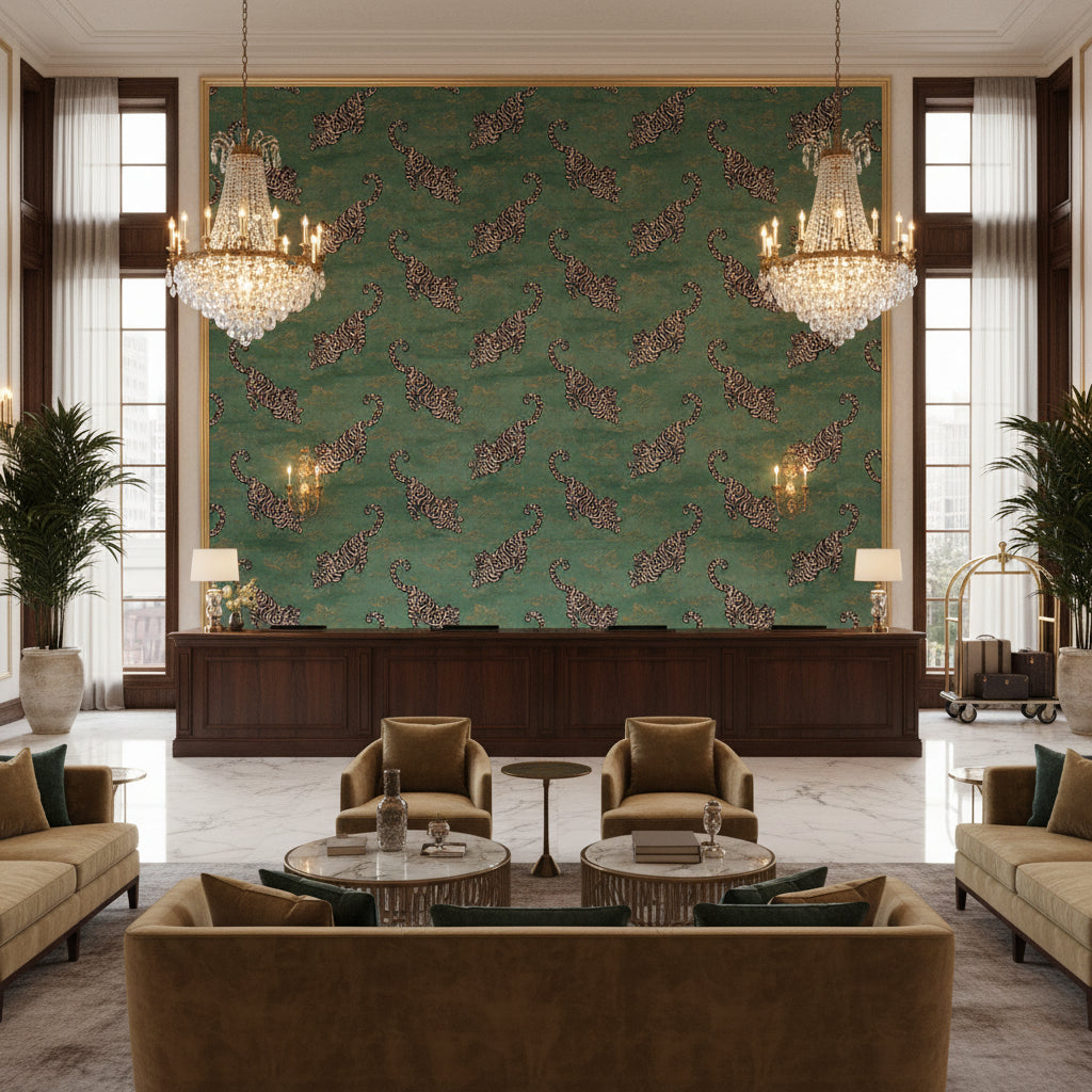 Bongol Velvet Jade | Kravet - Hotel Lobby Visualization (AI-generated, may not be to scale. Verify pattern scale with product specifications.)