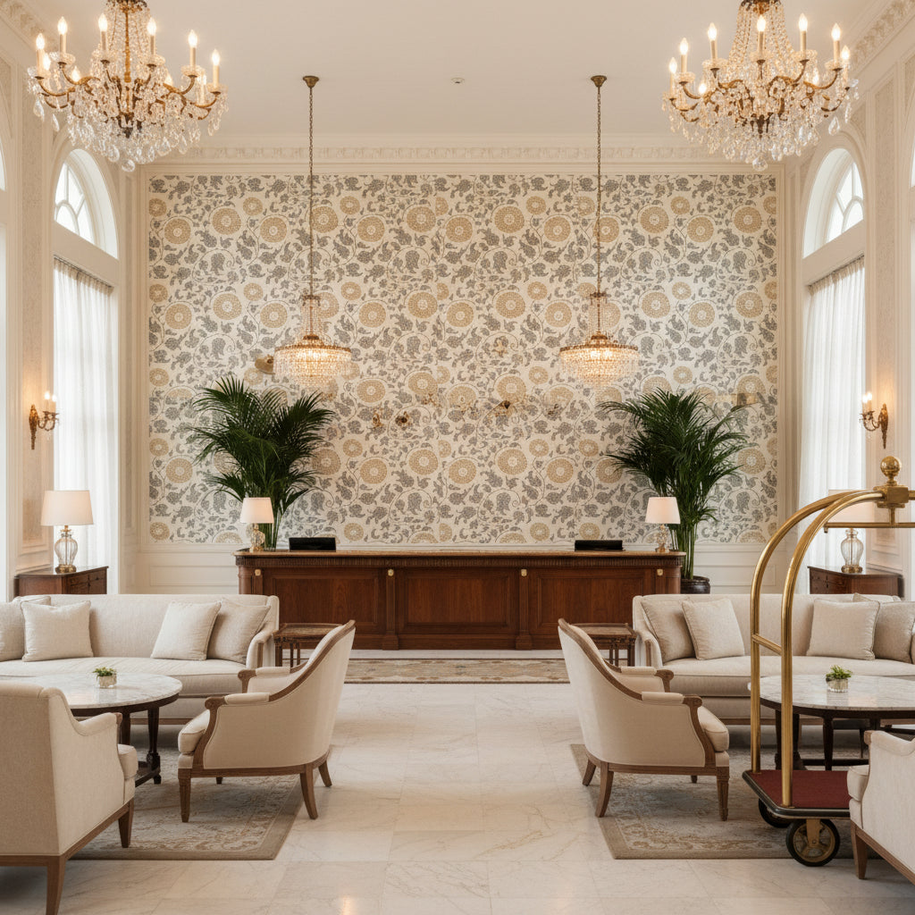 Eldora Print Flax | Kravet - Hotel Lobby Visualization (AI-generated, may not be to scale. Verify pattern scale with product specifications.)