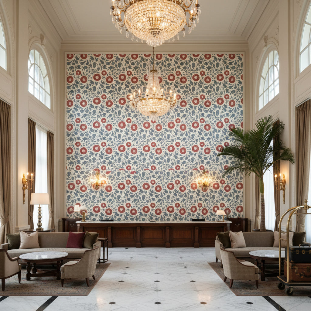 Eldora Print Sky/Brick | Kravet - Hotel Lobby Visualization (AI-generated, may not be to scale. Verify pattern scale with product specifications.)
