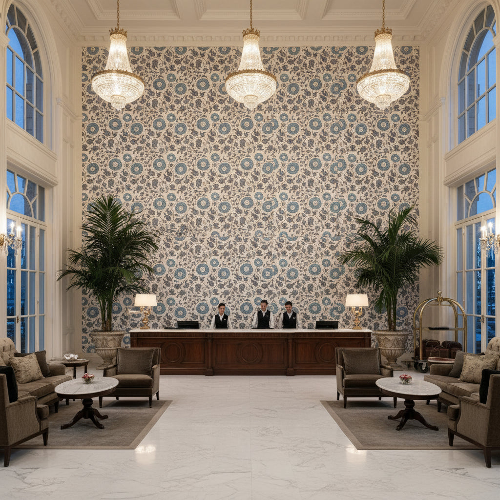Eldora Print Slate | Kravet - Hotel Lobby Visualization (AI-generated, may not be to scale. Verify pattern scale with product specifications.)