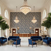 Eldora Print Indigo | Kravet - Hotel Lobby Visualization (AI-generated, may not be to scale. Verify pattern scale with product specifications.)