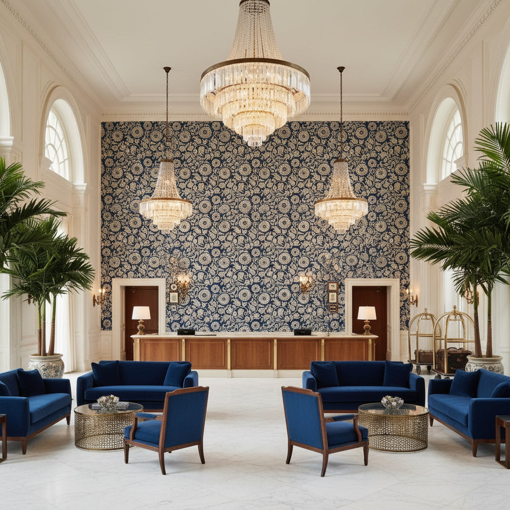 Eldora Print Indigo | Kravet - Hotel Lobby Visualization (AI-generated, may not be to scale. Verify pattern scale with product specifications.)
