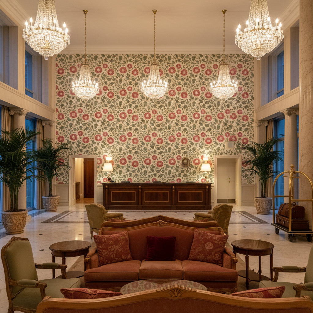 Eldora Print Leaf/Rose | Kravet - Hotel Lobby Visualization (AI-generated, may not be to scale. Verify pattern scale with product specifications.)