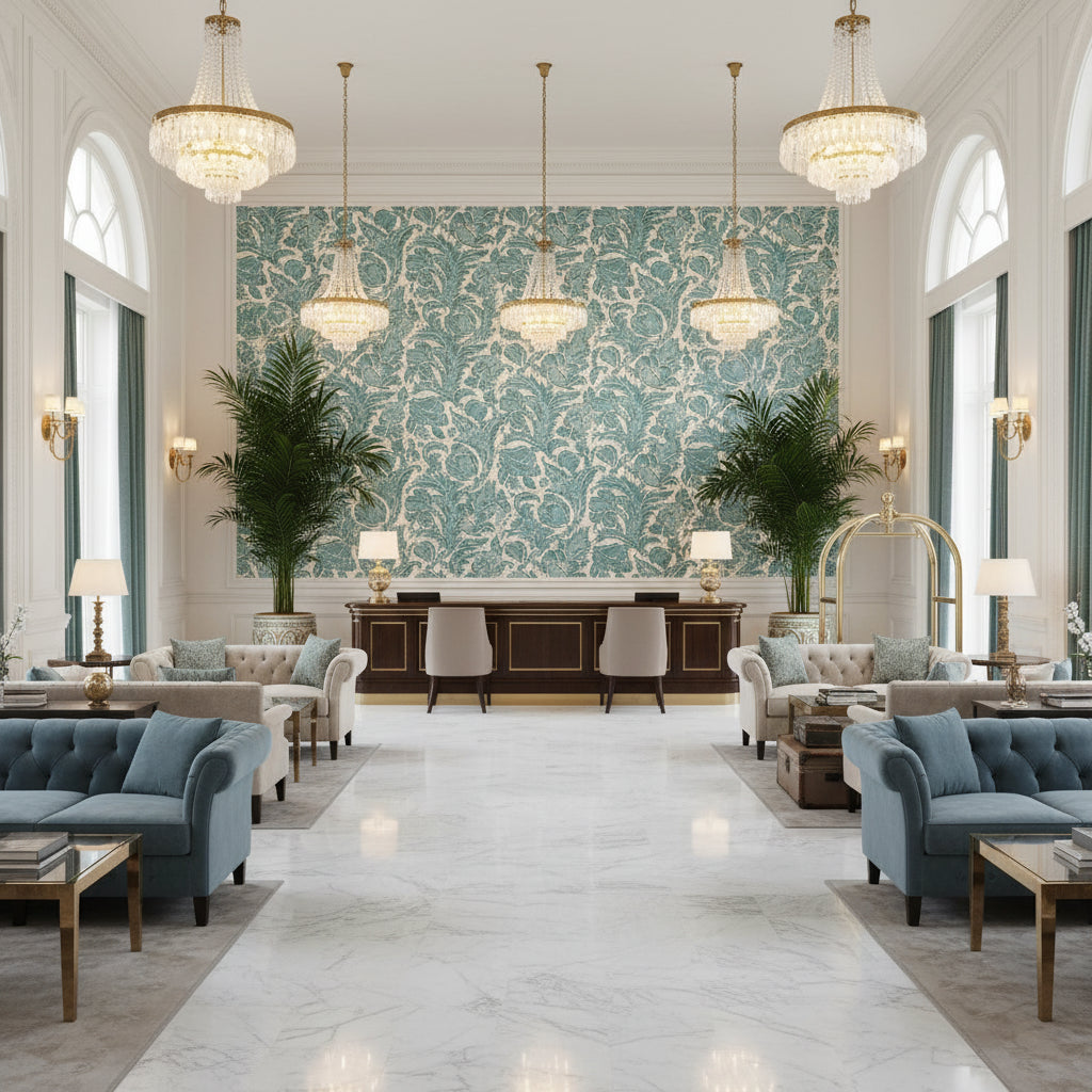 Marion Print Aegean | Kravet - Hotel Lobby Visualization (AI-generated, may not be to scale. Verify pattern scale with product specifications.)