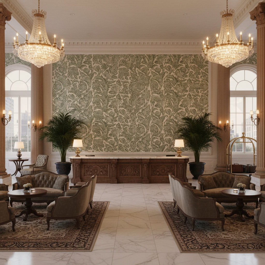Marion Print Sage | Kravet - Hotel Lobby Visualization (AI-generated, may not be to scale. Verify pattern scale with product specifications.)