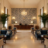 Marion Print Indigo | Kravet - Hotel Lobby Visualization (AI-generated, may not be to scale. Verify pattern scale with product specifications.)