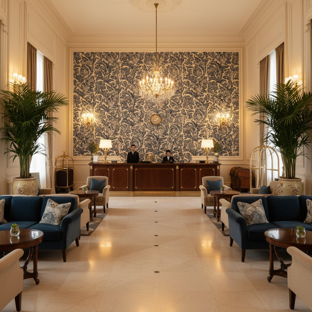 Marion Print Indigo | Kravet - Hotel Lobby Visualization (AI-generated, may not be to scale. Verify pattern scale with product specifications.)