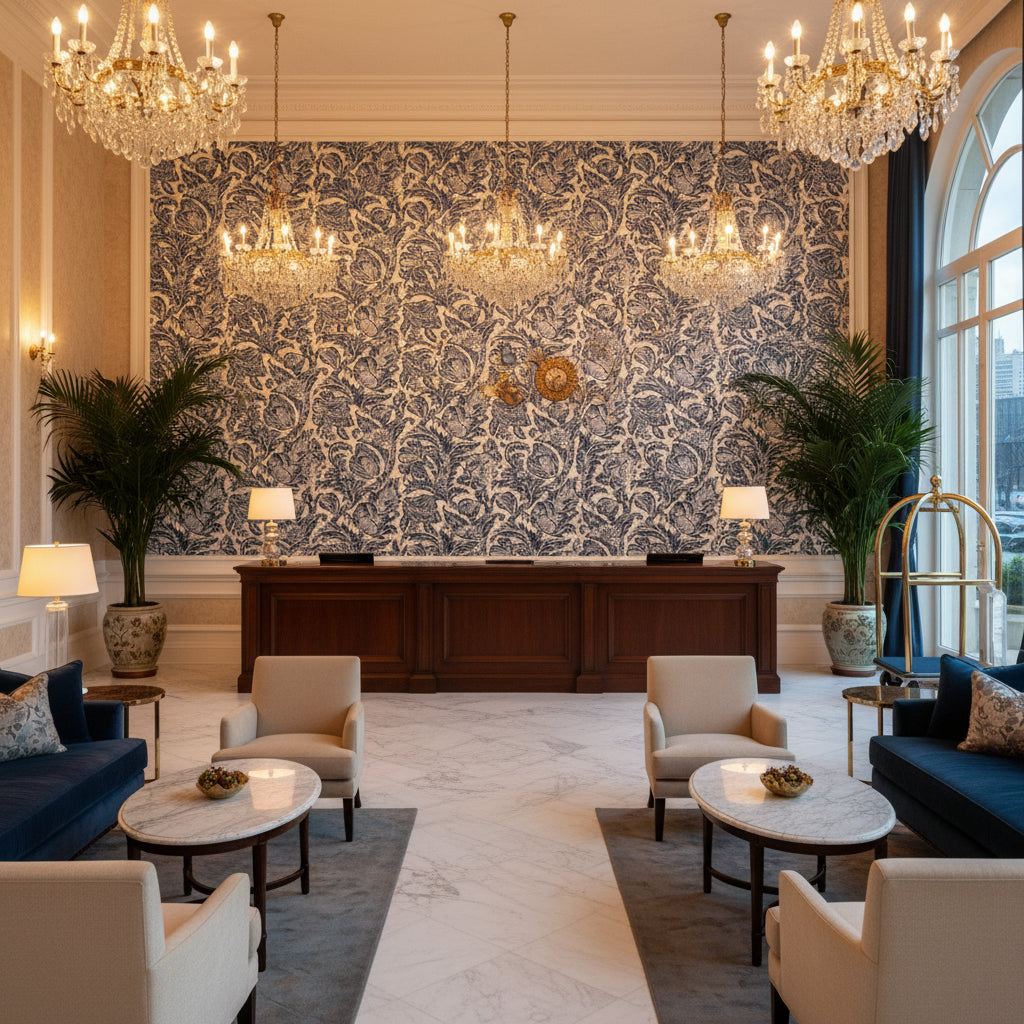 Marion Print Denim | Kravet - Hotel Lobby Visualization (AI-generated, may not be to scale. Verify pattern scale with product specifications.)