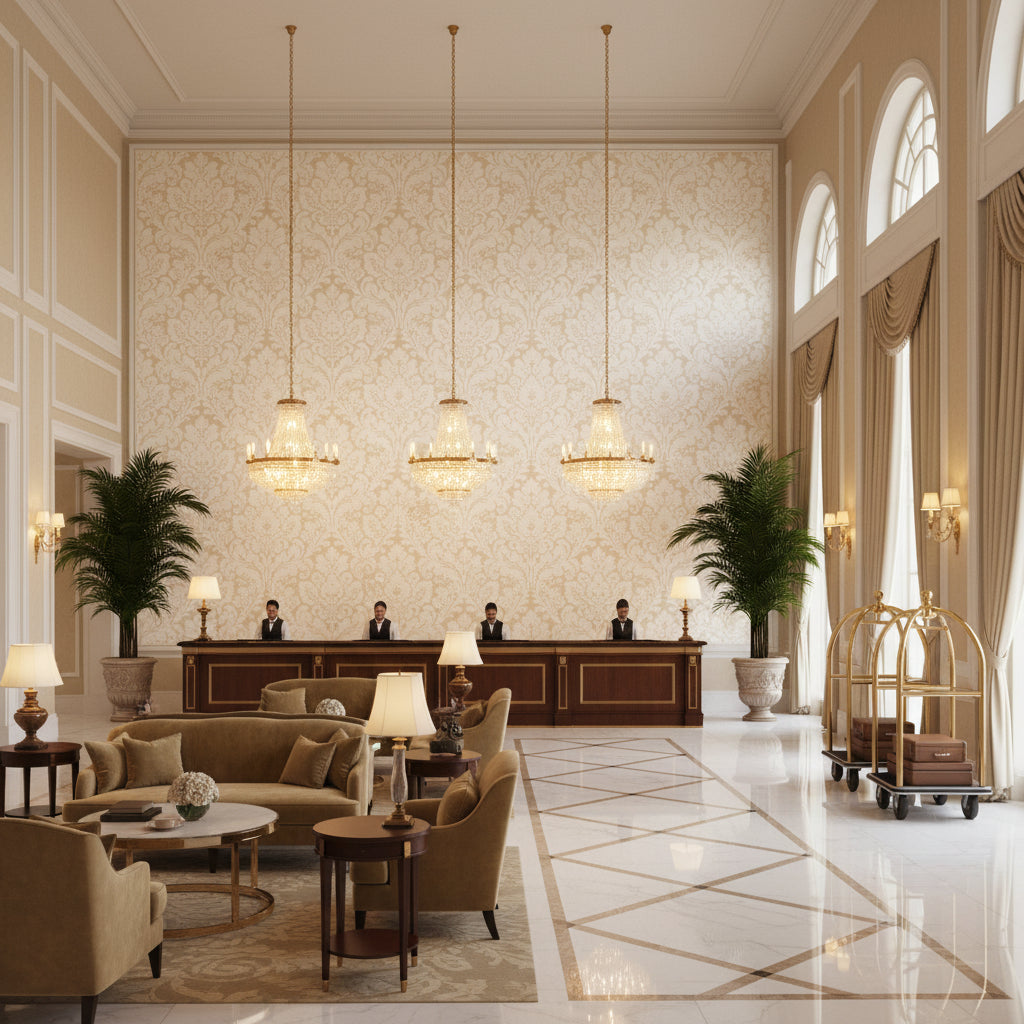Acanthus Damask Pearl | Kravet - Hotel Lobby Visualization (AI-generated, may not be to scale. Verify pattern scale with product specifications.)
