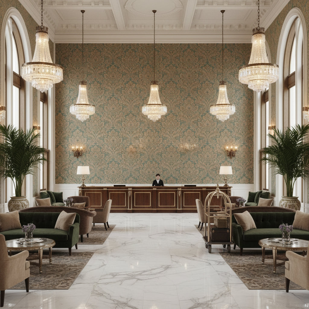 Acanthus Damask Blue | Kravet - Hotel Lobby Visualization (AI-generated, may not be to scale. Verify pattern scale with product specifications.)