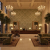 Acanthus Damask Loden | Kravet - Hotel Lobby Visualization (AI-generated, may not be to scale. Verify pattern scale with product specifications.)