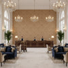 Acanthus Damask Tea | Kravet - Hotel Lobby Visualization (AI-generated, may not be to scale. Verify pattern scale with product specifications.)