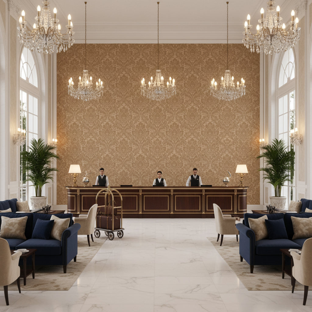 Acanthus Damask Tea | Kravet - Hotel Lobby Visualization (AI-generated, may not be to scale. Verify pattern scale with product specifications.)