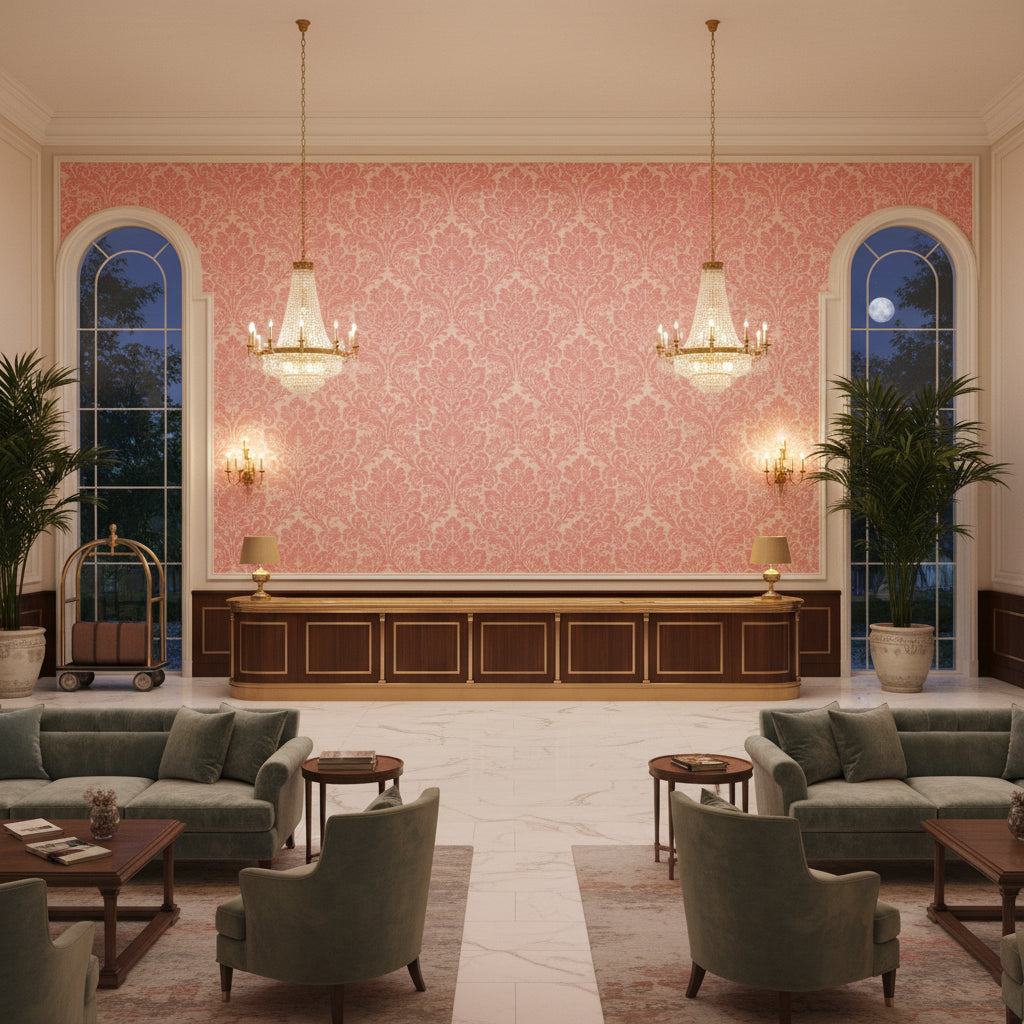 Acanthus Damask Berry | Kravet - Hotel Lobby Visualization (AI-generated, may not be to scale. Verify pattern scale with product specifications.)
