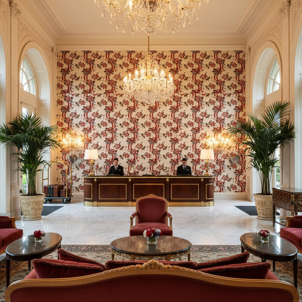 Benday Print Red/Blue | Kravet - Hotel Lobby Visualization (AI-generated, may not be to scale. Verify pattern scale with product specifications.)