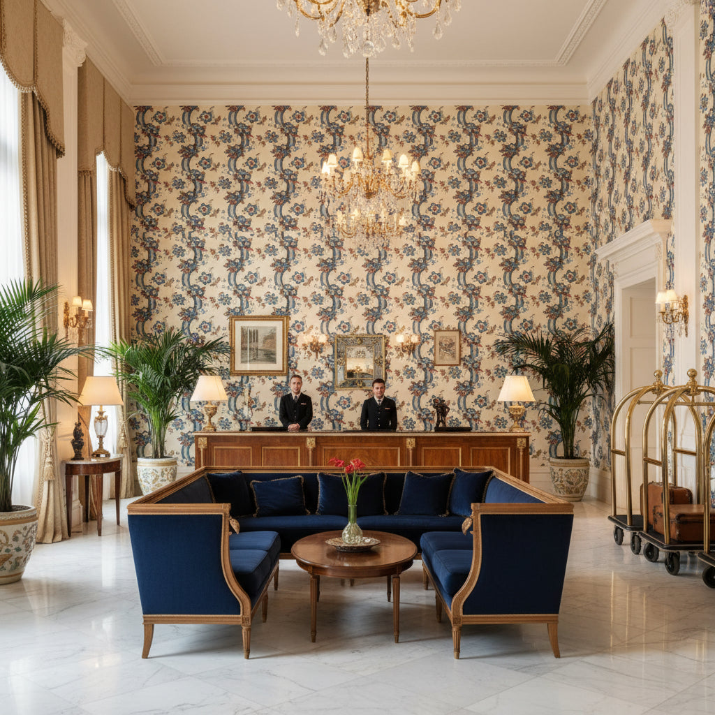 Benday Print Denim/Berry | Kravet - Hotel Lobby Visualization (AI-generated, may not be to scale. Verify pattern scale with product specifications.)