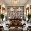 Granada Print Denim | Kravet - Hotel Lobby Visualization (AI-generated, may not be to scale. Verify pattern scale with product specifications.)