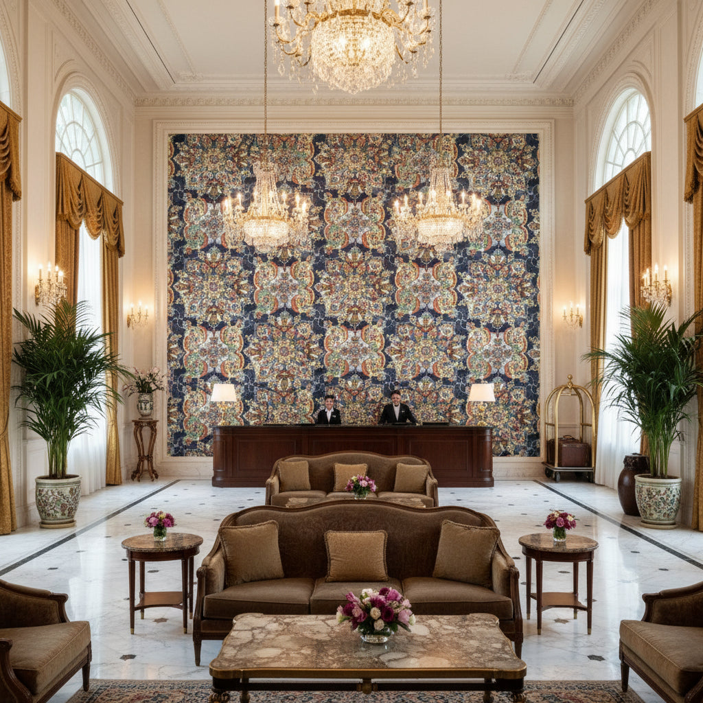 Granada Print Denim | Kravet - Hotel Lobby Visualization (AI-generated, may not be to scale. Verify pattern scale with product specifications.)