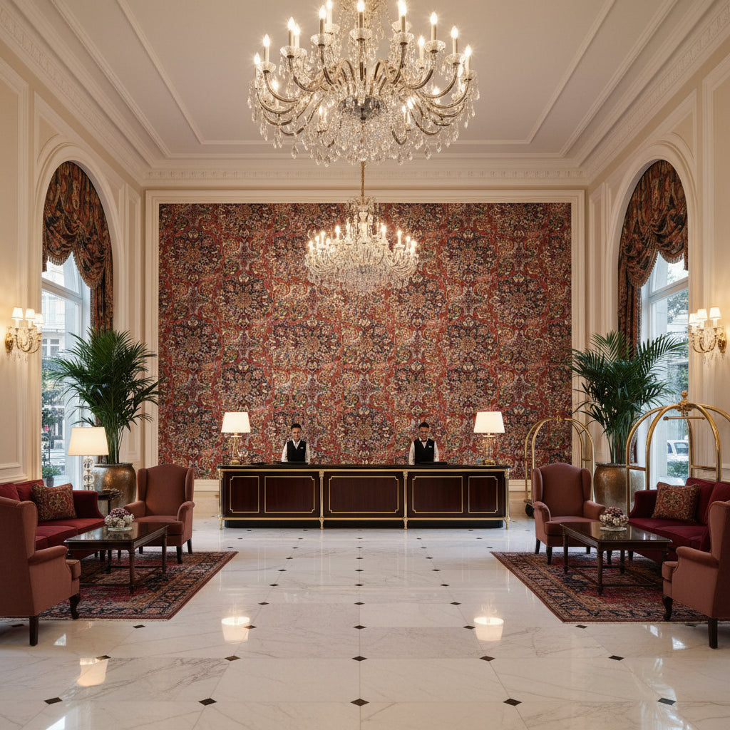Granada Print Ruby | Kravet - Hotel Lobby Visualization (AI-generated, may not be to scale. Verify pattern scale with product specifications.)