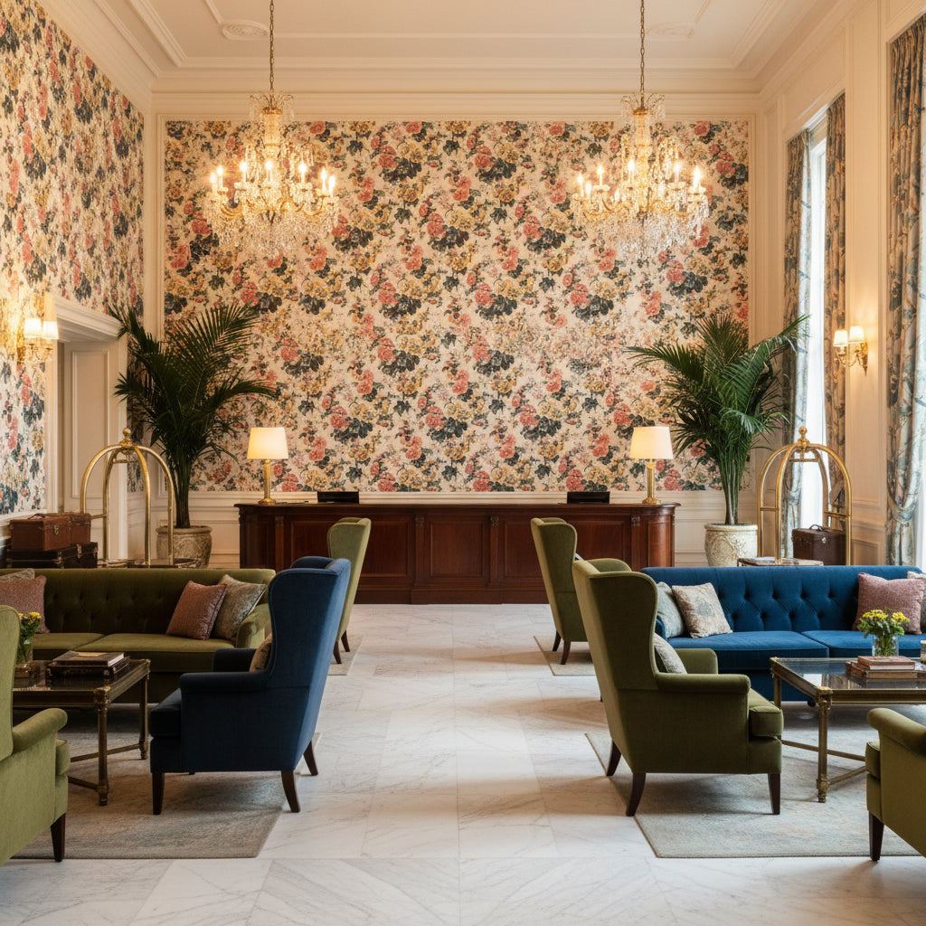 Upton Cotton Tea/Rose | Kravet - Hotel Lobby Visualization (AI-generated, may not be to scale. Verify pattern scale with product specifications.)