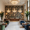 Upton Cotton Navy/Coral | Kravet - Hotel Lobby Visualization (AI-generated, may not be to scale. Verify pattern scale with product specifications.)