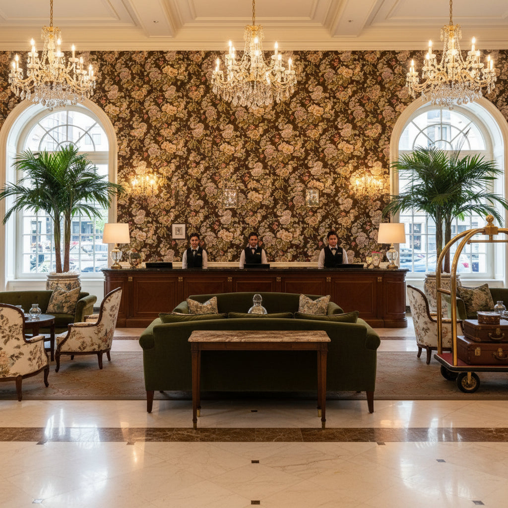 Upton Cotton Java/Moss | Kravet - Hotel Lobby Visualization (AI-generated, may not be to scale. Verify pattern scale with product specifications.)