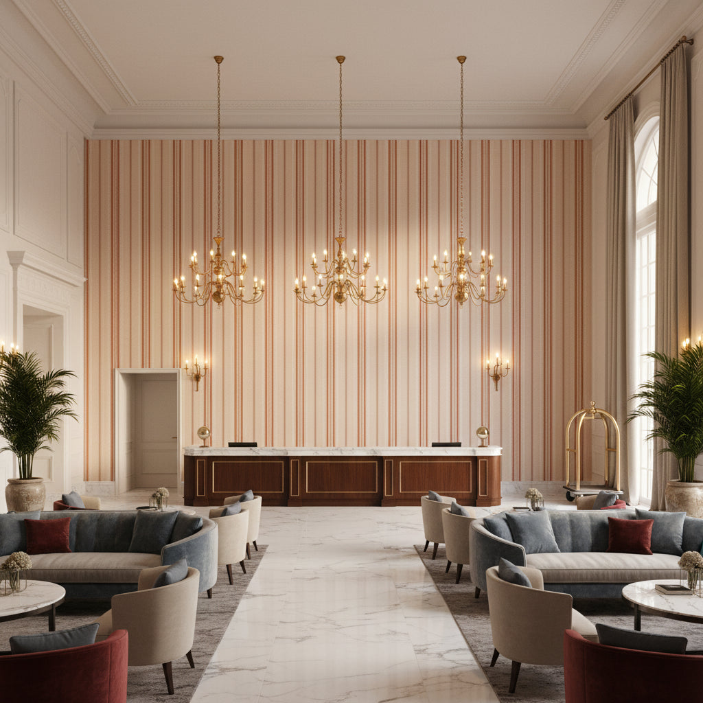 Nautique Emb Rust/Blue | Kravet - Hotel Lobby Visualization (AI-generated, may not be to scale. Verify pattern scale with product specifications.)