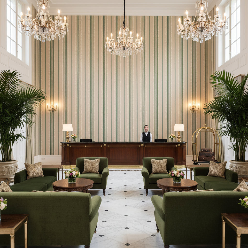 Nautique Emb Green/Blue | Kravet - Hotel Lobby Visualization (AI-generated, may not be to scale. Verify pattern scale with product specifications.)