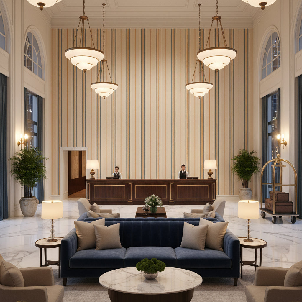 Nautique Emb Denim/Gold | Kravet - Hotel Lobby Visualization (AI-generated, may not be to scale. Verify pattern scale with product specifications.)