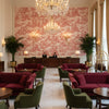 Pagoda Toile Garnet | Kravet - Hotel Lobby Visualization (AI-generated, may not be to scale. Verify pattern scale with product specifications.)