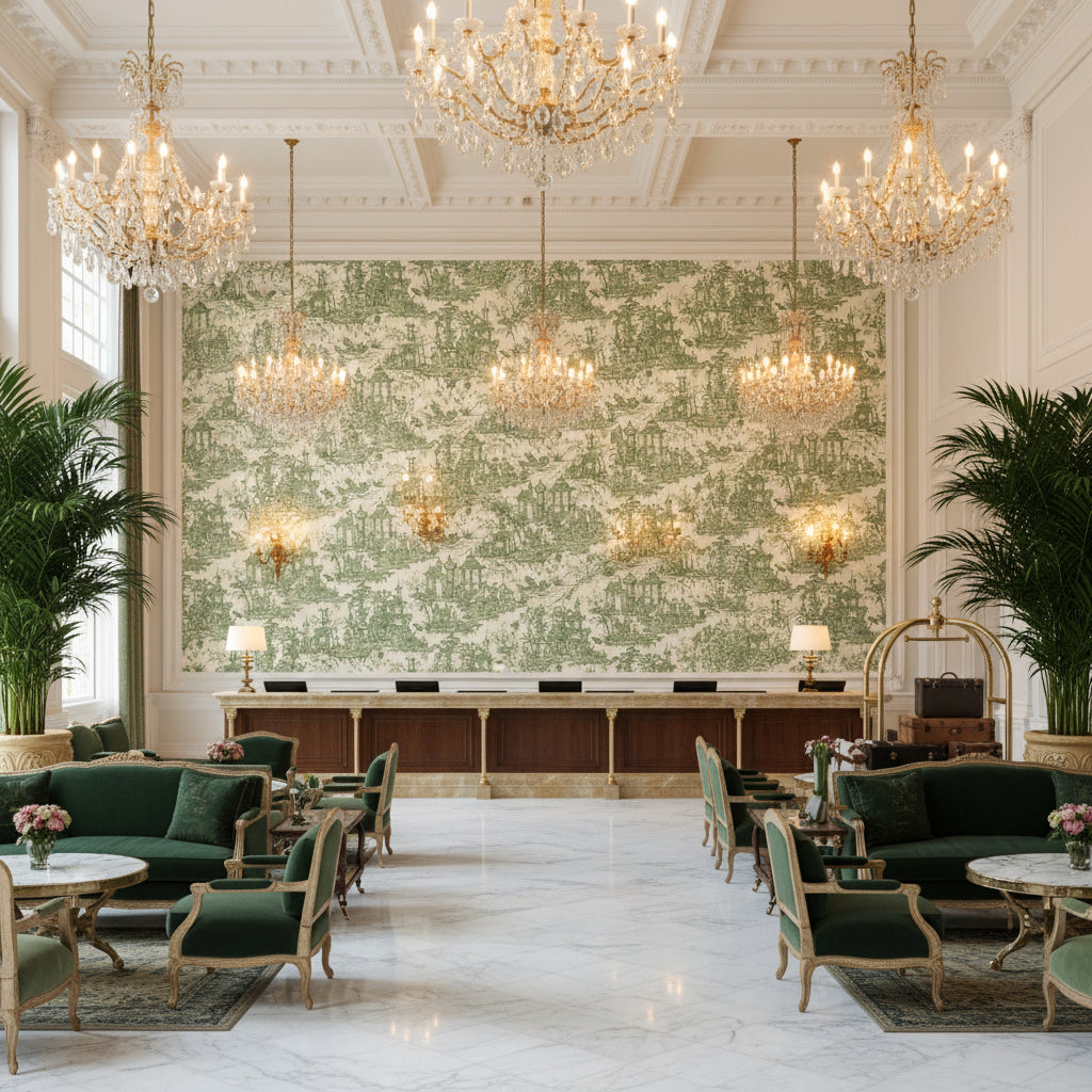Pagoda Toile sage green | Kravet - Hotel Lobby Visualization (AI-generated, may not be to scale. Verify pattern scale with product specifications.)