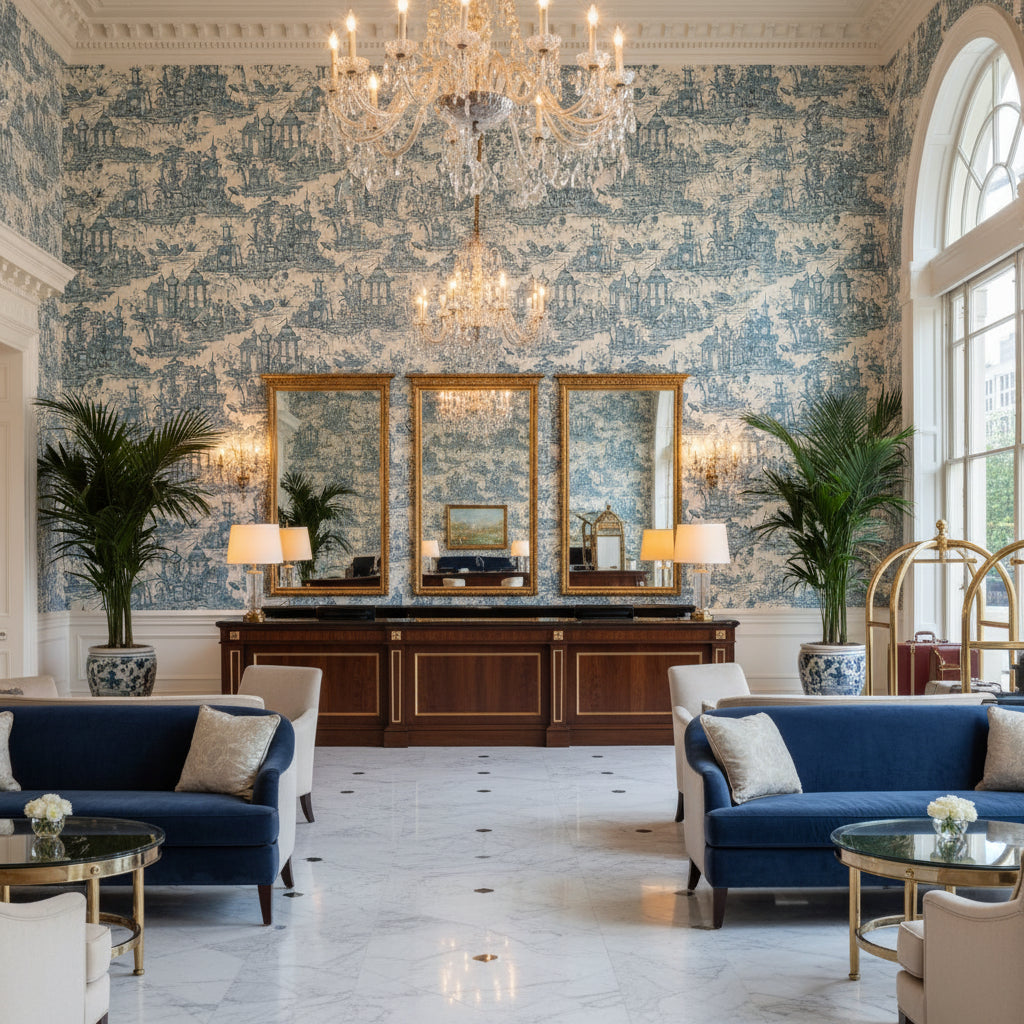 Pagoda Toile Blue | Kravet - Hotel Lobby Visualization (AI-generated, may not be to scale. Verify pattern scale with product specifications.)