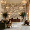 Pagoda Toile Coal | Kravet - Hotel Lobby Visualization (AI-generated, may not be to scale. Verify pattern scale with product specifications.)
