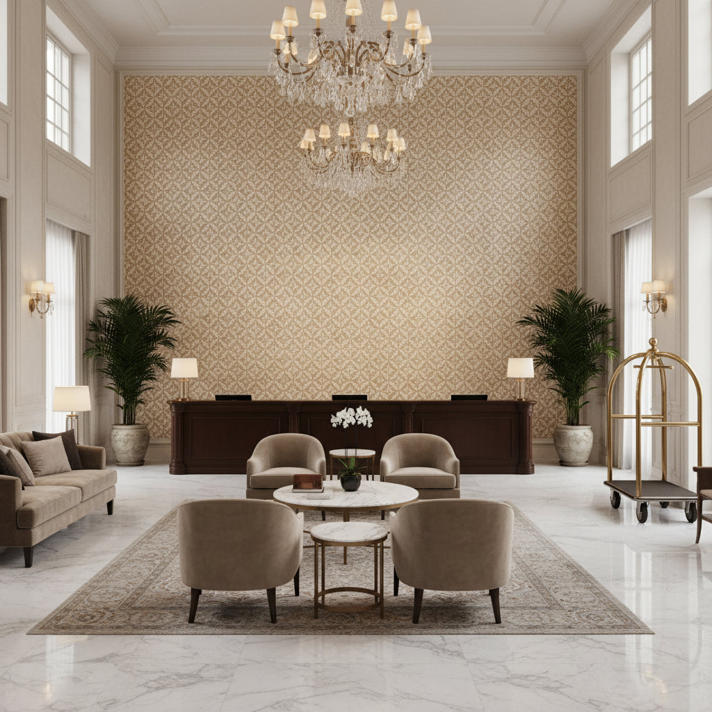 Triana Weave Sand | Kravet - Hotel Lobby Visualization (AI-generated, may not be to scale. Verify pattern scale with product specifications.)