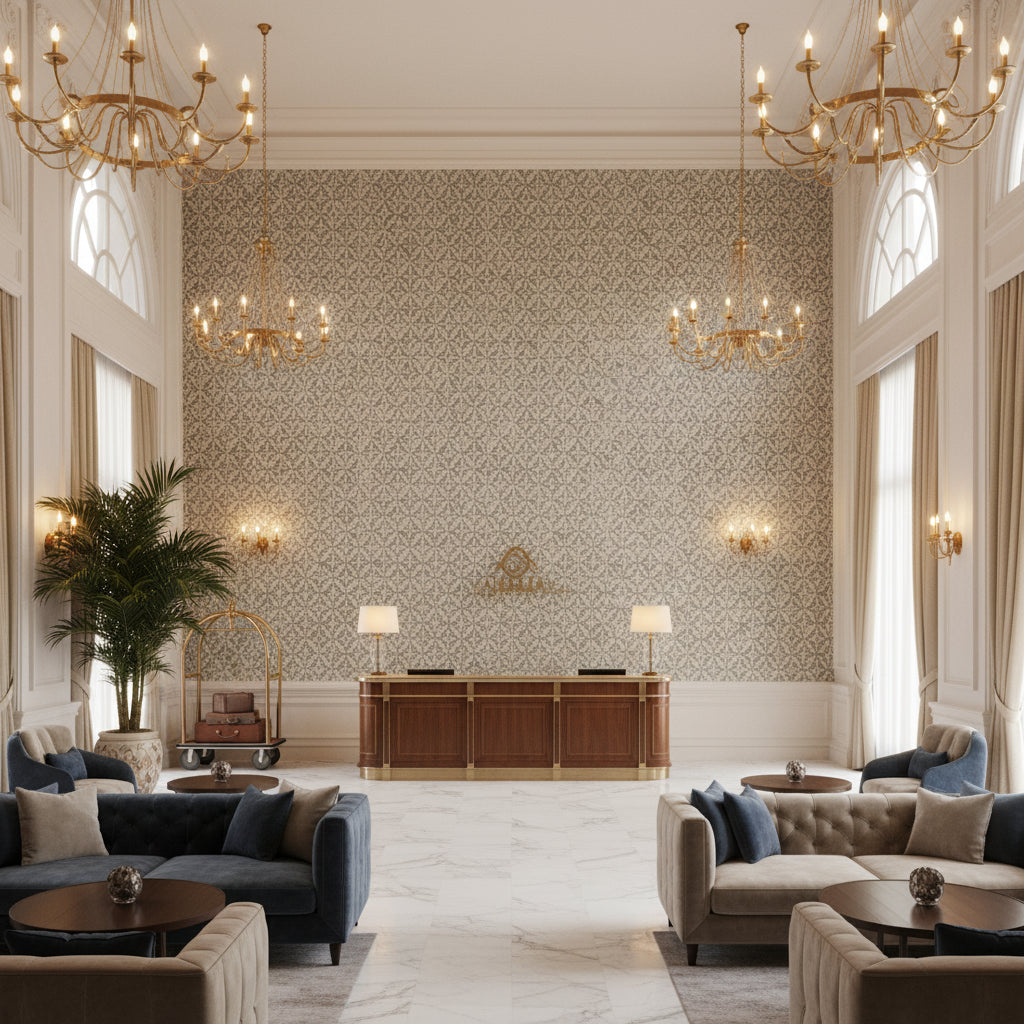 Triana Weave Sky | Kravet - Hotel Lobby Visualization (AI-generated, may not be to scale. Verify pattern scale with product specifications.)