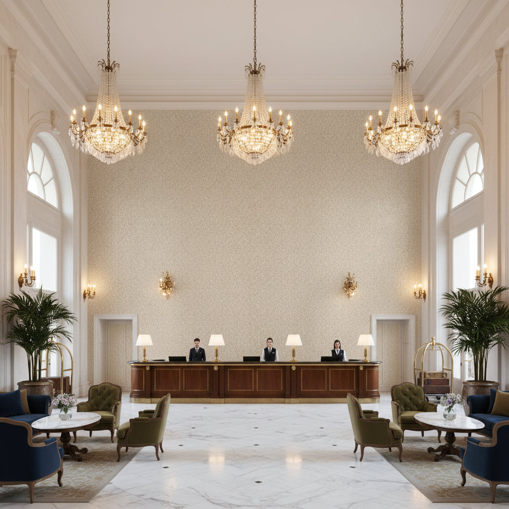 Triana Weave Pearl | Kravet - Hotel Lobby Visualization (AI-generated, may not be to scale. Verify pattern scale with product specifications.)