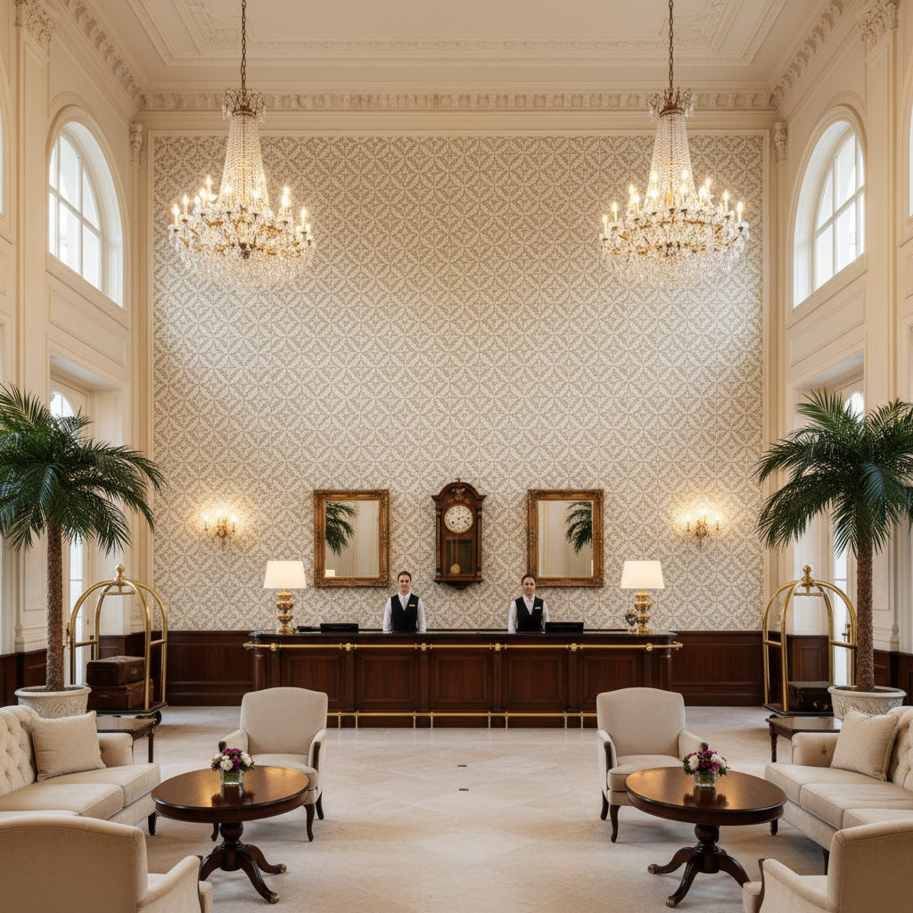 Triana Weave Moss | Kravet - Hotel Lobby Visualization (AI-generated, may not be to scale. Verify pattern scale with product specifications.)