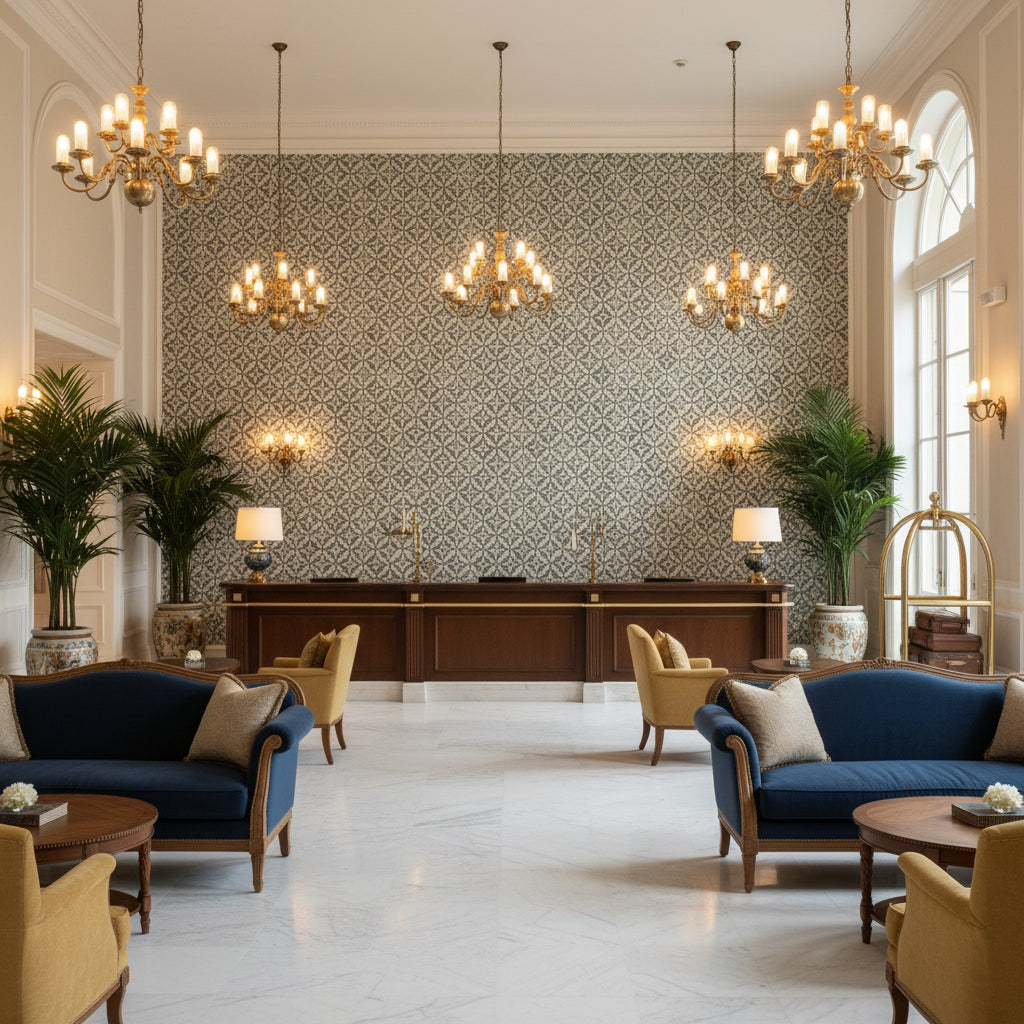 Triana Weave Denim | Kravet - Hotel Lobby Visualization (AI-generated, may not be to scale. Verify pattern scale with product specifications.)