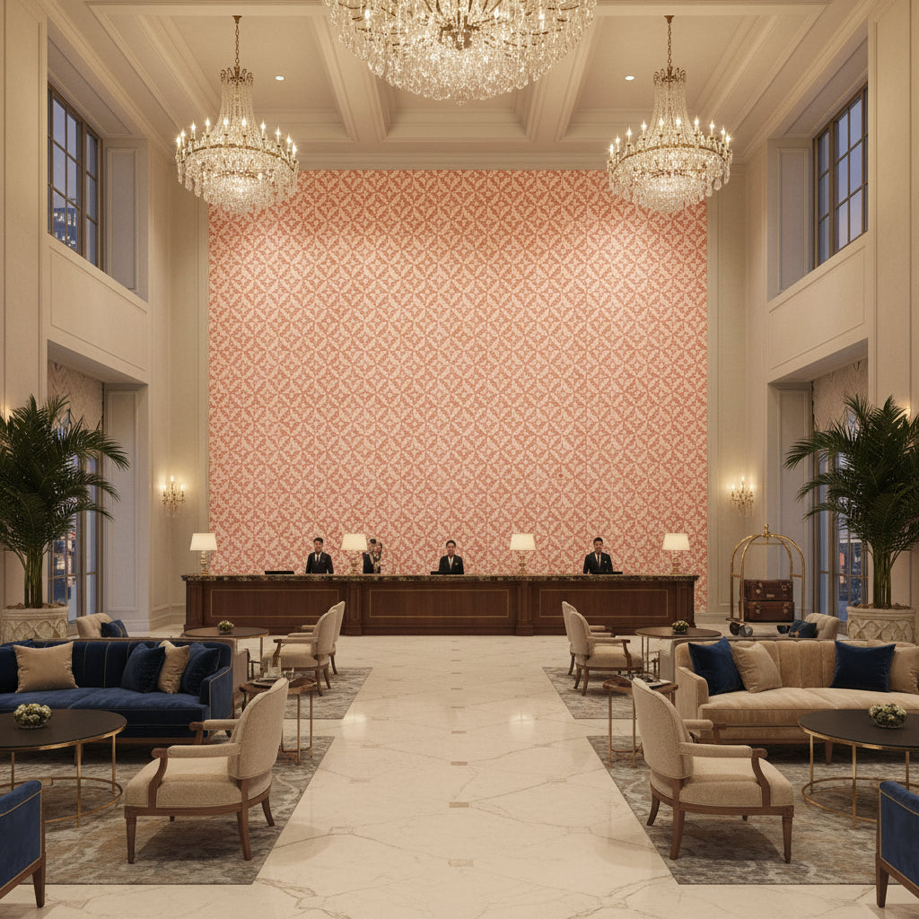 Triana Weave Petal | Kravet - Hotel Lobby Visualization (AI-generated, may not be to scale. Verify pattern scale with product specifications.)