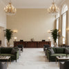 Alfaro Weave Stone | Kravet - Hotel Lobby Visualization (AI-generated, may not be to scale. Verify pattern scale with product specifications.)
