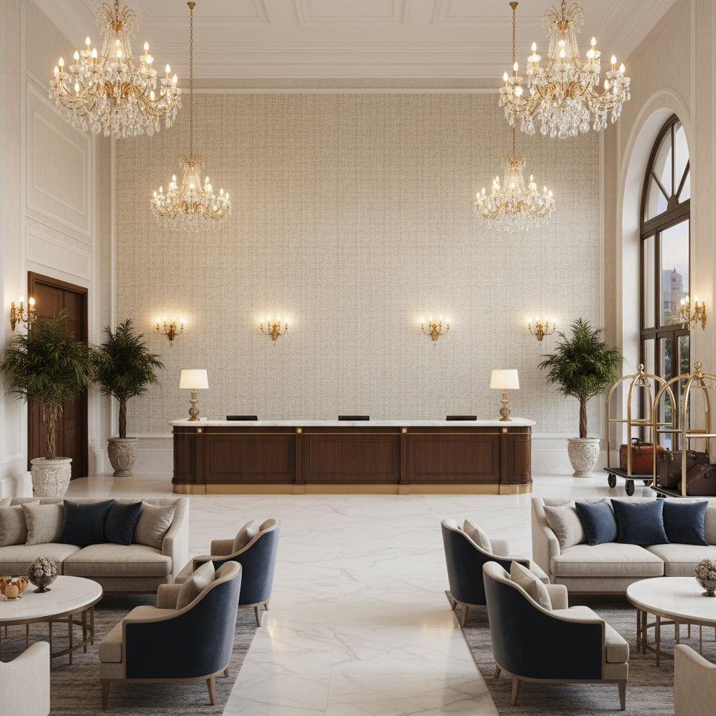Alfaro Weave Sky | Kravet - Hotel Lobby Visualization (AI-generated, may not be to scale. Verify pattern scale with product specifications.)