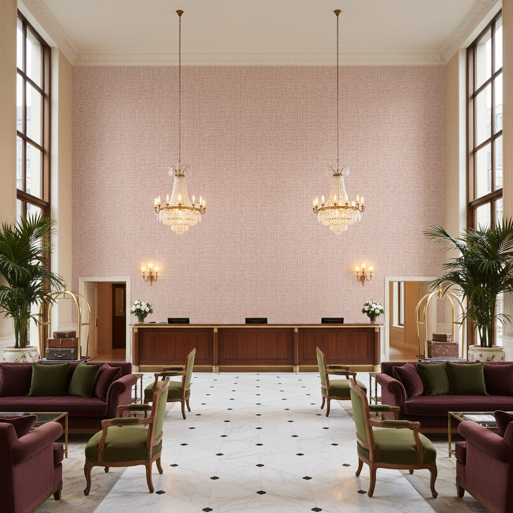 Alfaro Weave Brick | Kravet - Hotel Lobby Visualization (AI-generated, may not be to scale. Verify pattern scale with product specifications.)