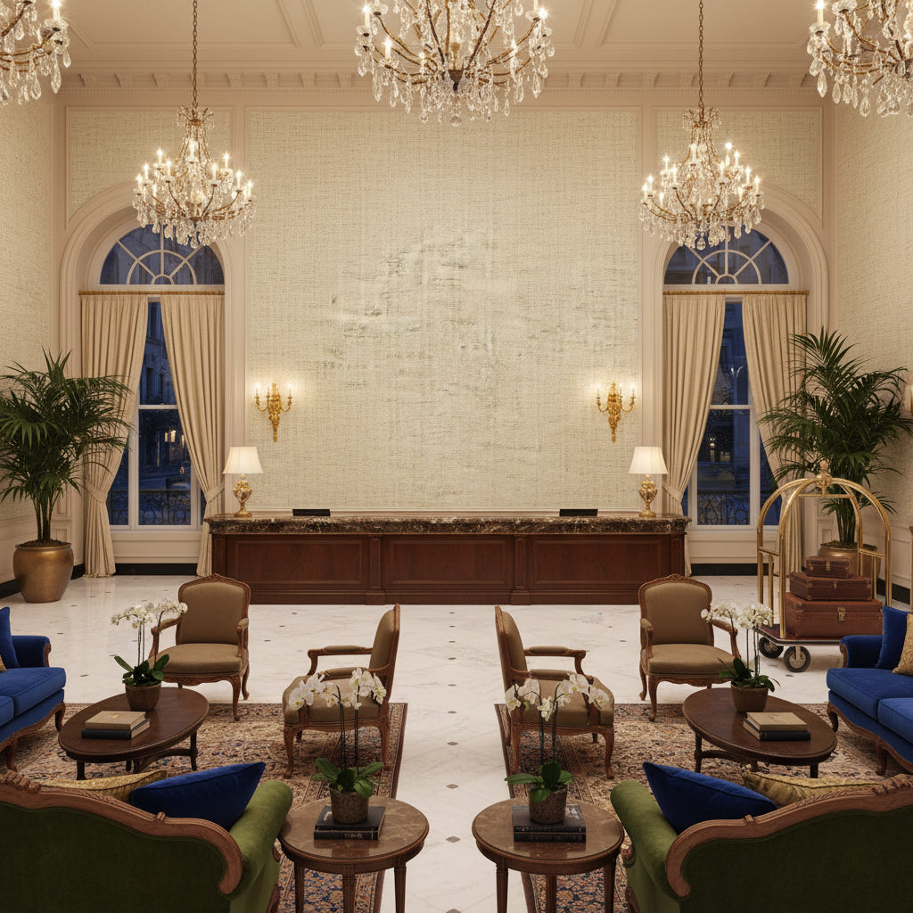 Alfaro Weave Moss | Kravet - Hotel Lobby Visualization (AI-generated, may not be to scale. Verify pattern scale with product specifications.)