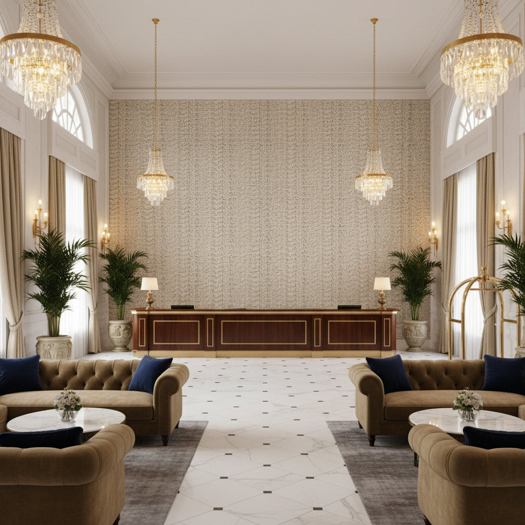 Alfaro Weave Denim | Kravet - Hotel Lobby Visualization (AI-generated, may not be to scale. Verify pattern scale with product specifications.)