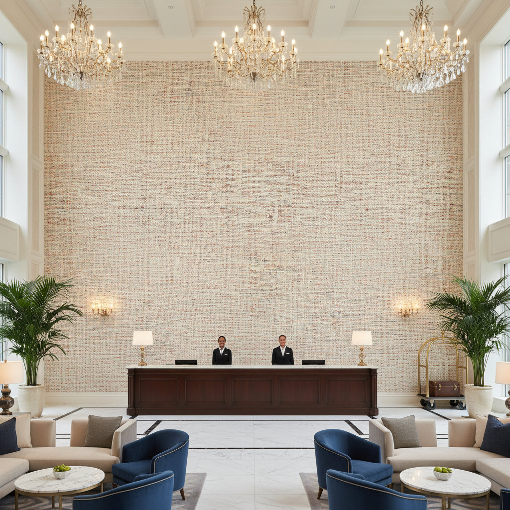 Alfaro Weave Admiral | Kravet - Hotel Lobby Visualization (AI-generated, may not be to scale. Verify pattern scale with product specifications.)