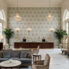 Seville Weave Sky/Aqua | Kravet - Hotel Lobby Visualization (AI-generated, may not be to scale. Verify pattern scale with product specifications.)