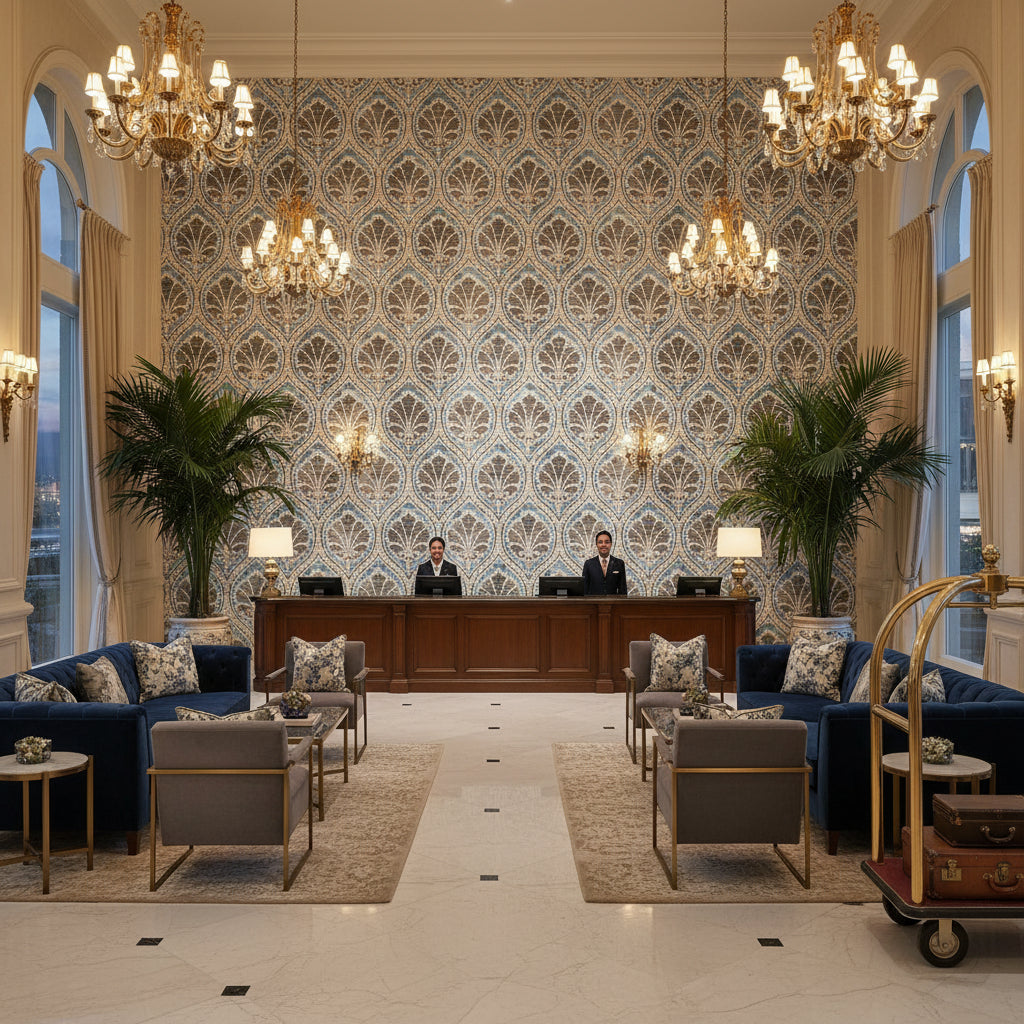 Seville Weave Navy/Marine | Kravet - Hotel Lobby Visualization (AI-generated, may not be to scale. Verify pattern scale with product specifications.)