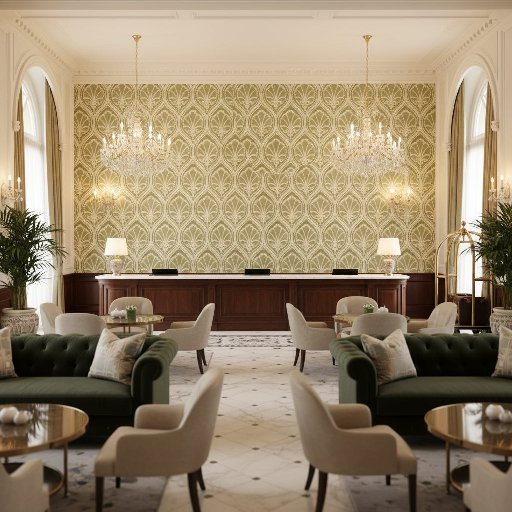 Seville Weave Celadon/Moss | Kravet - Hotel Lobby Visualization (AI-generated, may not be to scale. Verify pattern scale with product specifications.)