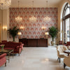 Seville Weave Denim/Brick | Kravet - Hotel Lobby Visualization (AI-generated, may not be to scale. Verify pattern scale with product specifications.)